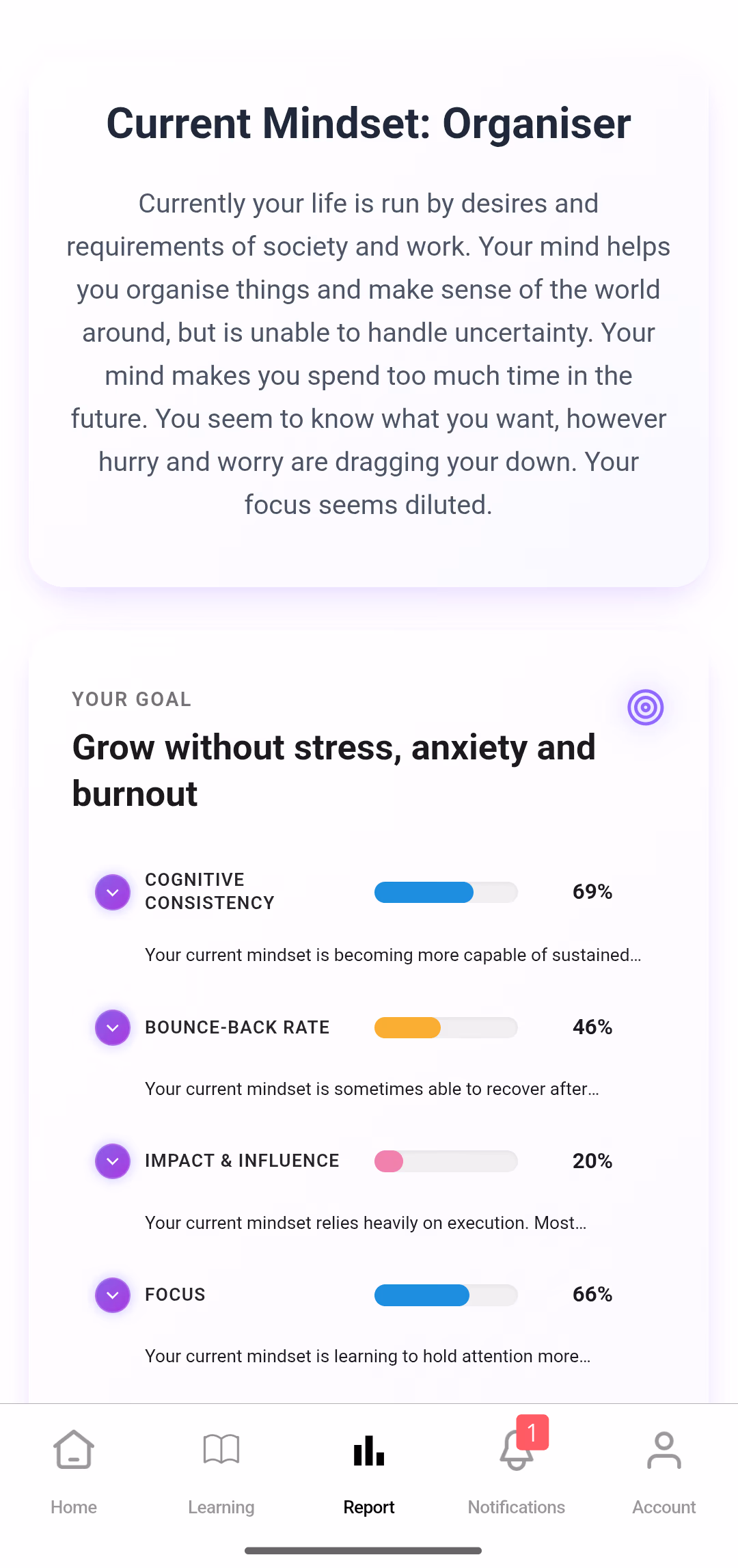 Ceekr — mindset report with progress metrics