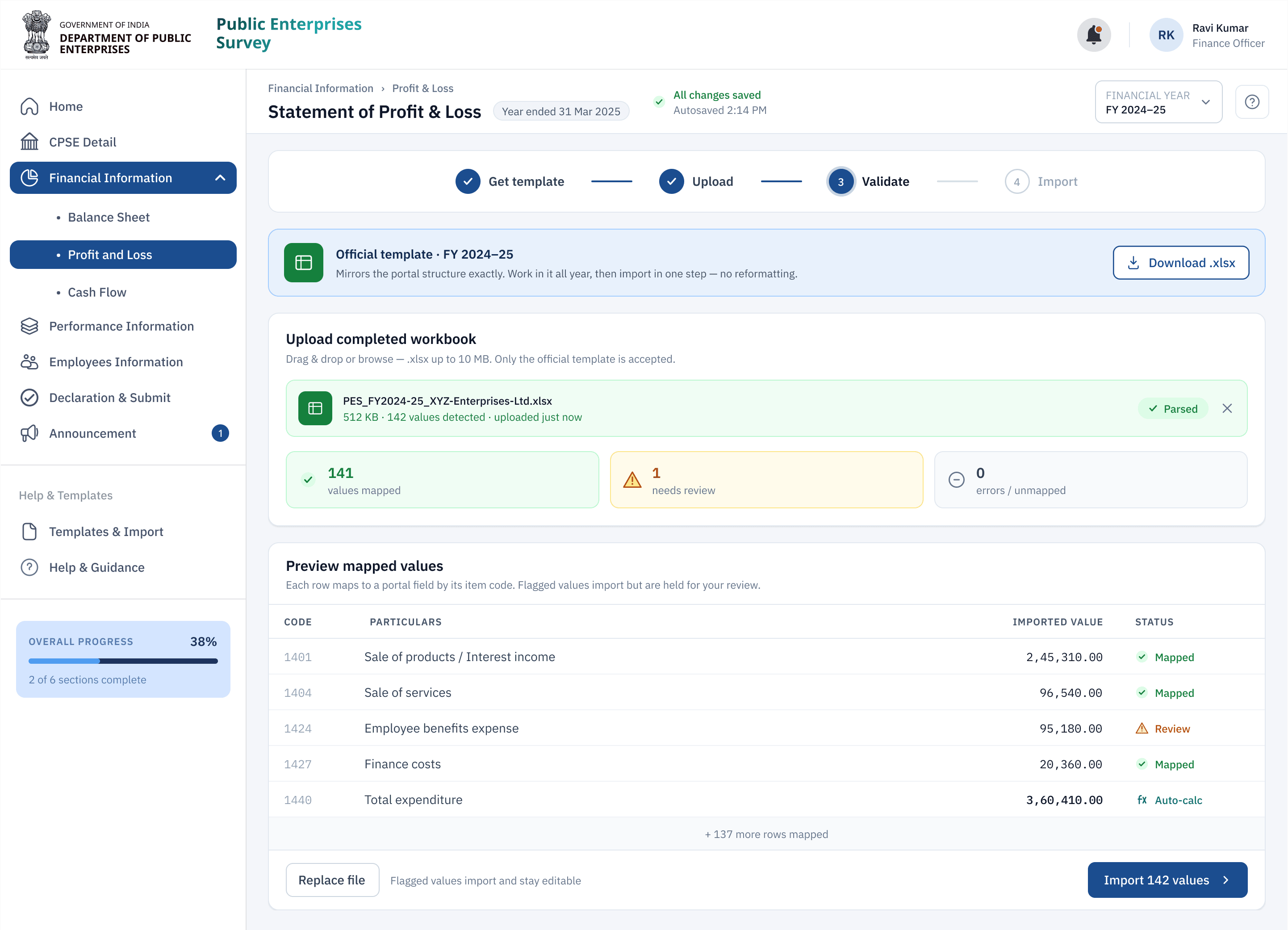 The Excel import screen: download the official FY template, upload the completed workbook, and review a validation summary that maps every value to its portal field before importing — 141 mapped, one flagged for review, zero errors.