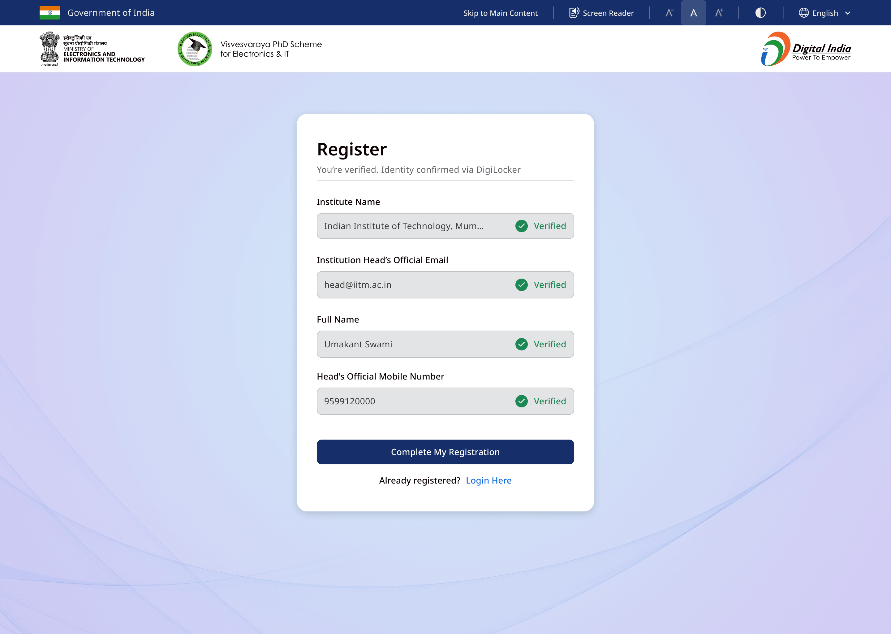 Register screen with institute name, head’s email, full name and mobile number each marked Verified — identity confirmed via DigiLocker — beneath the Government of India accessibility toolbar (screen reader, text sizing, contrast, language).