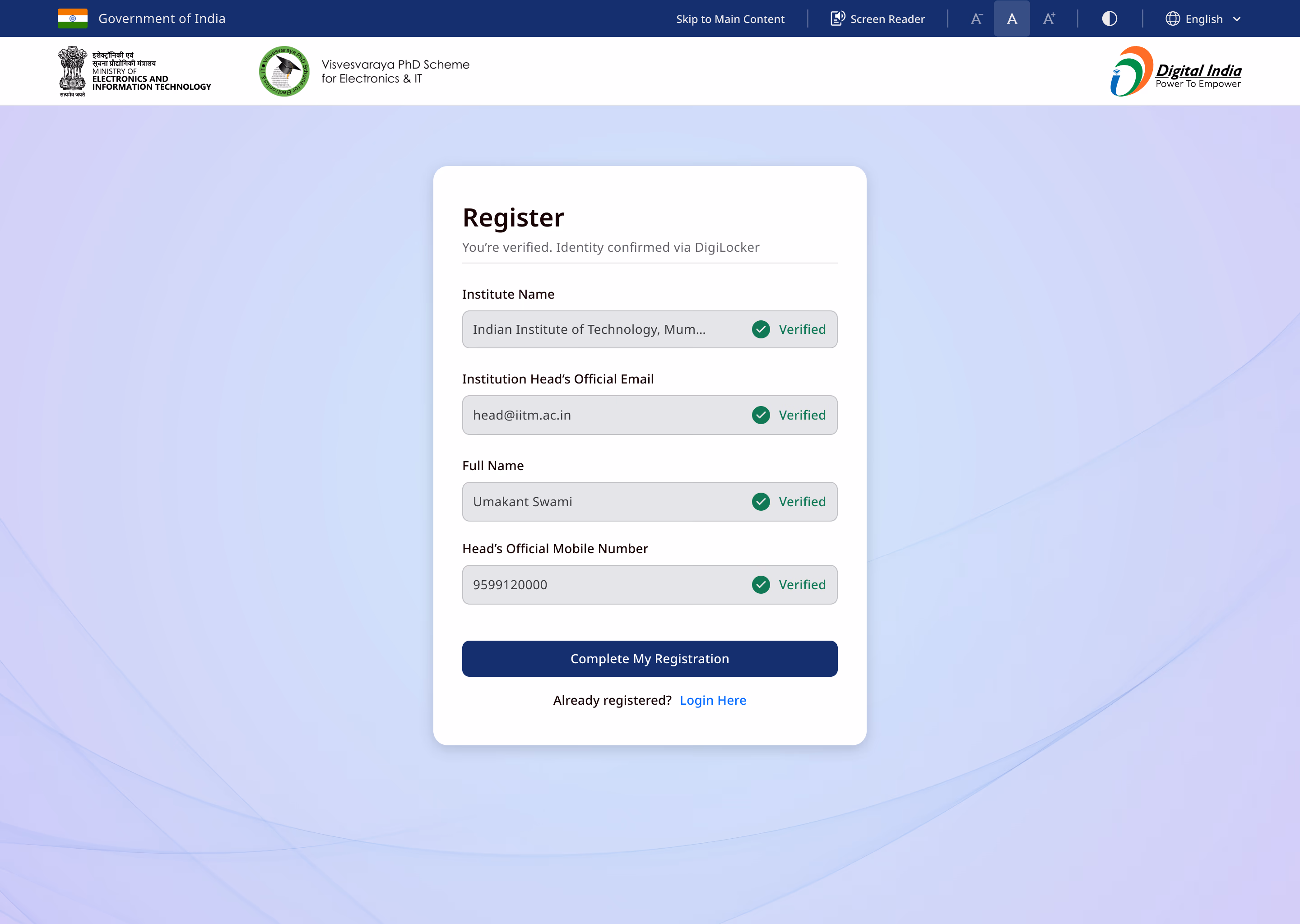 Screen showing identity verification completed through DigiLocker authentication.