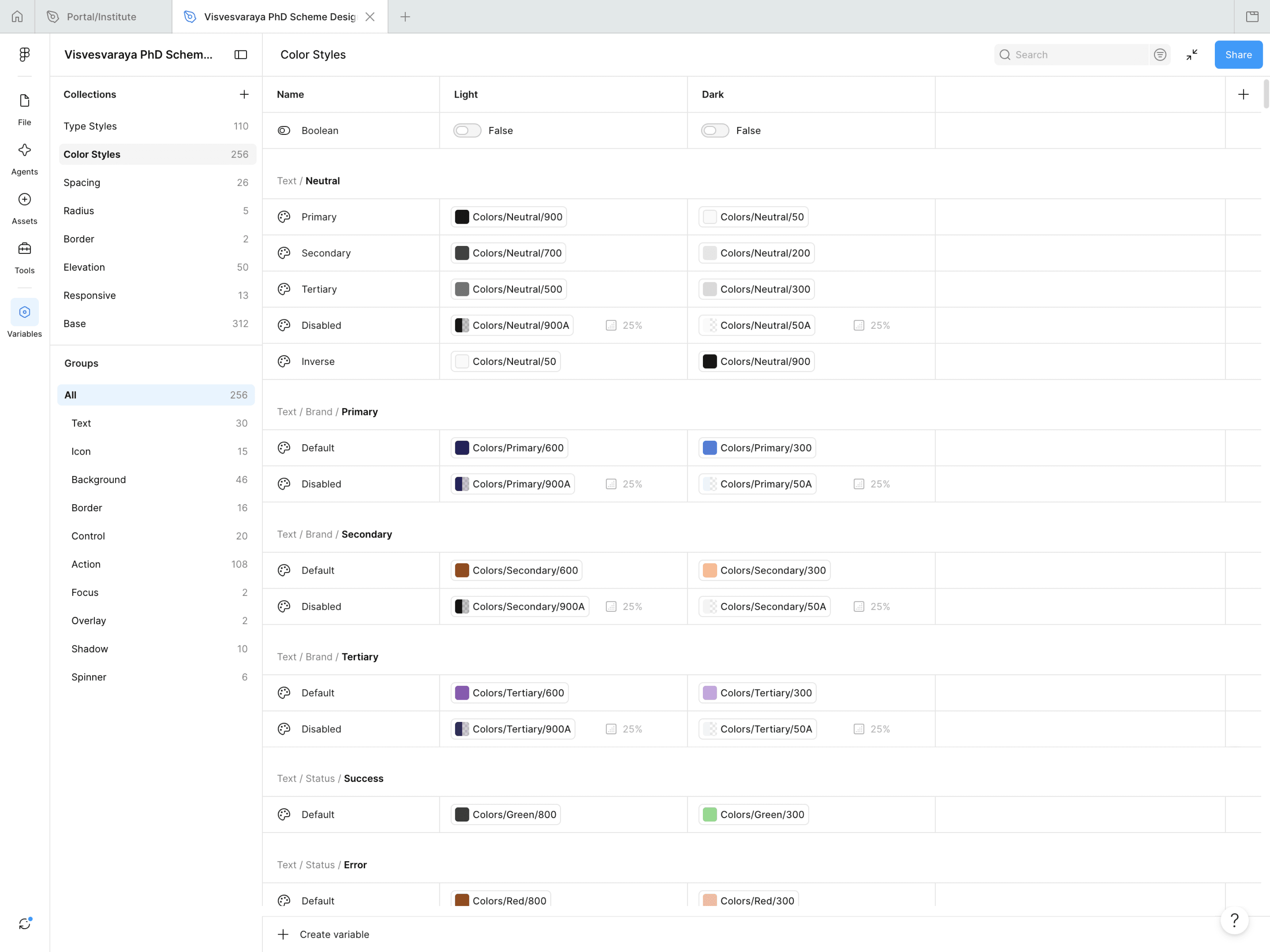 Figma variables — colour roles resolving per light and dark mode